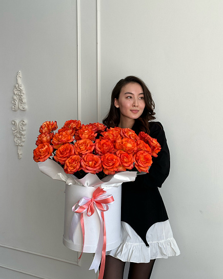 Bouquet of Promotional composition of 25 roses in a box flowers delivered to Shymkent