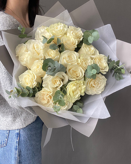 25 white roses with eucalyptus with delivery to Almaty