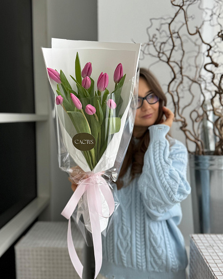 Mono bouquet of tulips PINK (9pcs) with delivery to Astana