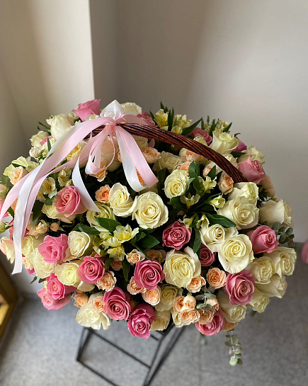 Bouquet of Roses in a basket 110 pcs flowers delivered to Almaty