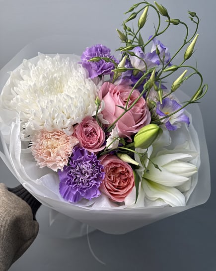 Пастельная гармония с хризантемами и эустомой с доставкой по Астане