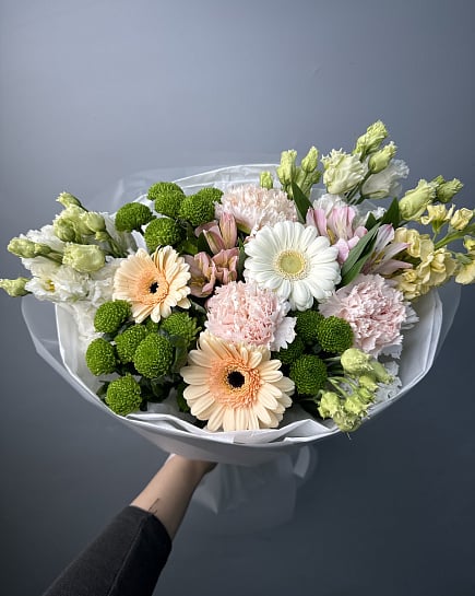 Пастельная палитра с герберами и эустомой с доставкой по Астане