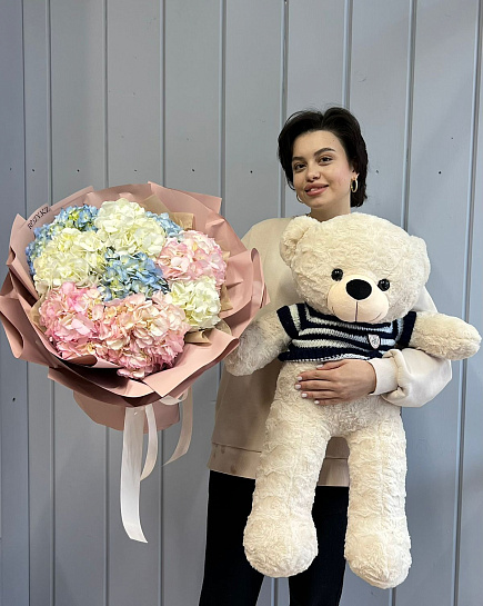 Bouquet of Combo of 9 mix hydrangeas and bears in a jacket flowers delivered to Astana