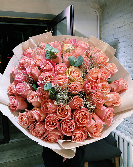 Pink roses 51 pcs with eucalyptus with delivery to Almaty