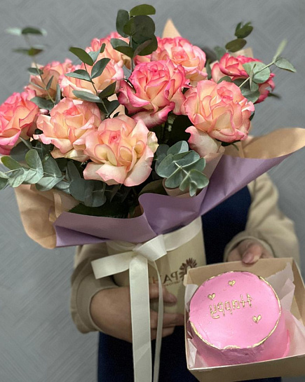 Bouquet of 11 French roses in a box + Bento cake with delivery to Almaty