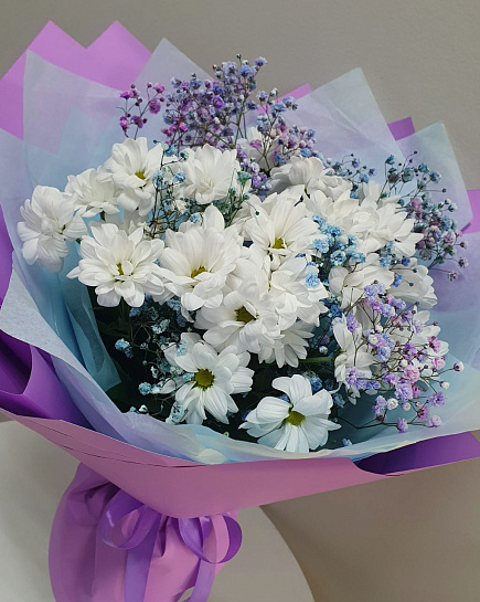Bouquet of Bouquet of chrysanthemums with gypsophila flowers delivered to Astana