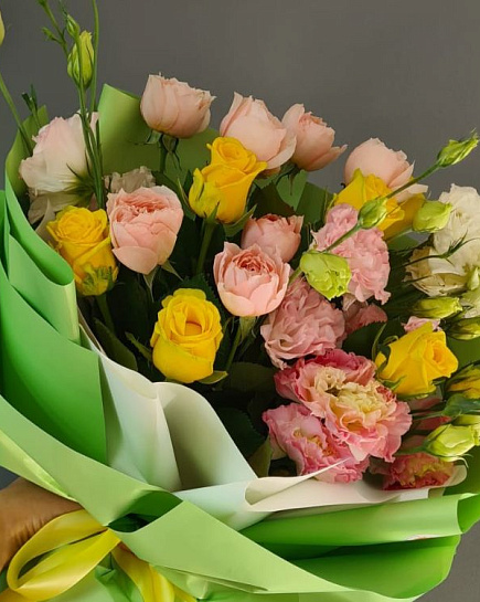 Bouquet of Delicate Euro bouquet of roses and lisianthus flowers delivered to Almaty