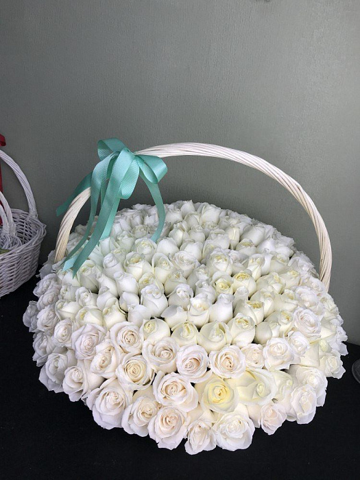 201 white roses in a basket