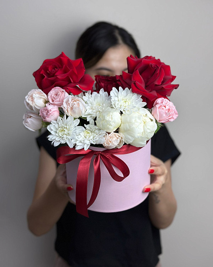 Bouquet of Box with peonies and roses flowers delivered to Astana