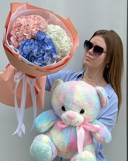 Bouquet of Combo of 3 hydrangeas and a rainbow bear flowers delivered to Astana