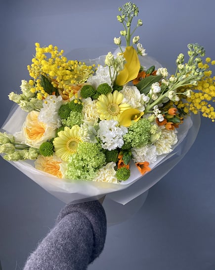 Весенний букет с мимозой и герберами с доставкой по Астане