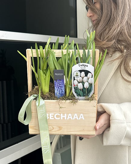 Весенний букет из белых тюльпанов и гиацинтов с доставкой по Астане