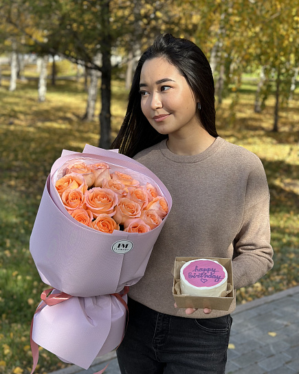 Bouquet of Combo 15 roses + bento cake flowers delivered to Astana