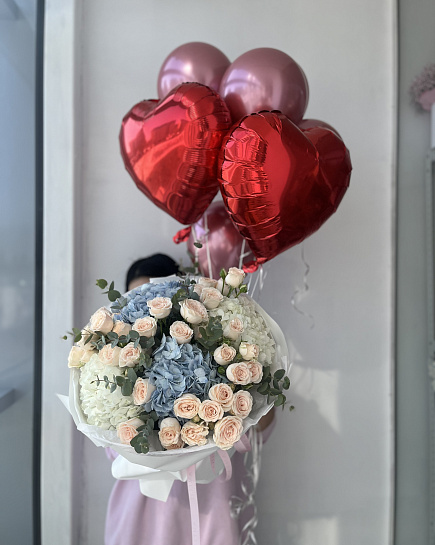 Bouquet of Combo (euro bouquet + helium balloons: heart 2 pcs and 3 pcs) flowers delivered to Astana