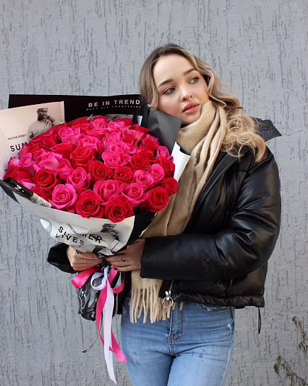 51 красная голландская роза 50см  с доставкой по Алматы