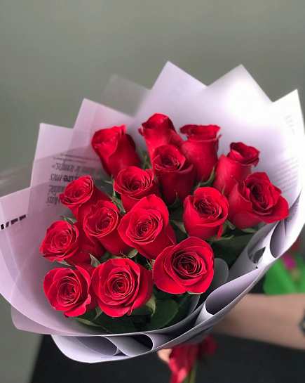 Bouquet of Mono-bouquet of red Dutch roses 15 pcs flowers delivered to Astana