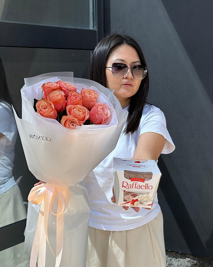 Bouquet of Combo Bouquet of 9 gorgeous roses and Raffaello flowers delivered to Astana