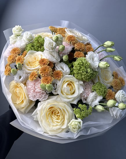 Солнечная палитра с розами и эустомой с доставкой по Астане