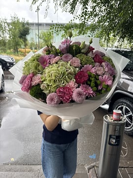 Розово-фиолетовый круглый букет из гортензий и роз