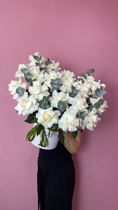 French roses with eucalyptus