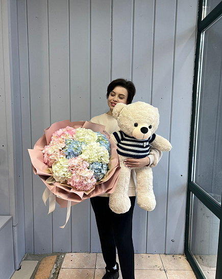 Bouquet of Combo of 9 mix hydrangeas and bears in a jacket flowers delivered to Astana