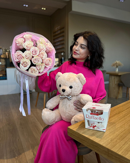 Bouquet of Combo of 15 roses, beige bear and Raffaello flowers delivered to Astana