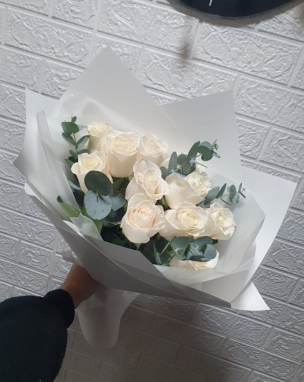 Bouquet of Bouquet of white roses with decorative greenery flowers delivered to Almaty