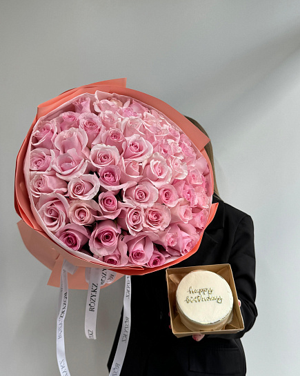 Combo 51 light pink roses and Bento cake with delivery to Astana