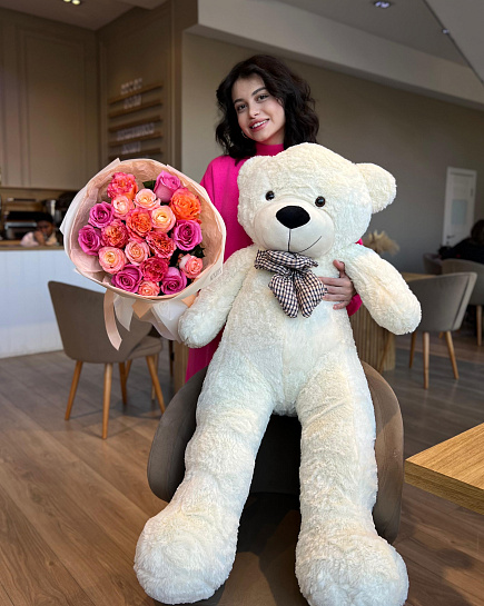 Bouquet of Combo of 19 roses and 120 cm bear flowers delivered to Astana
