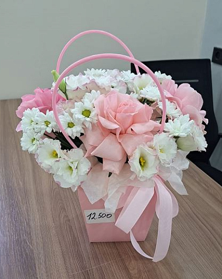 Handbag made of roses, lisianthus and chrysanthemums with delivery to Almaty