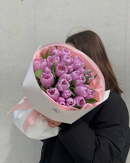 Bouquet of 25 lilac tulip flowers delivered to Almaty