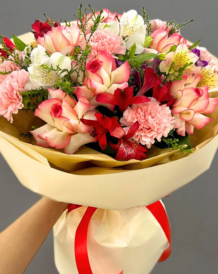 Euro bouquet of carnations, roses, and alstroemeria with delivery to Almaty