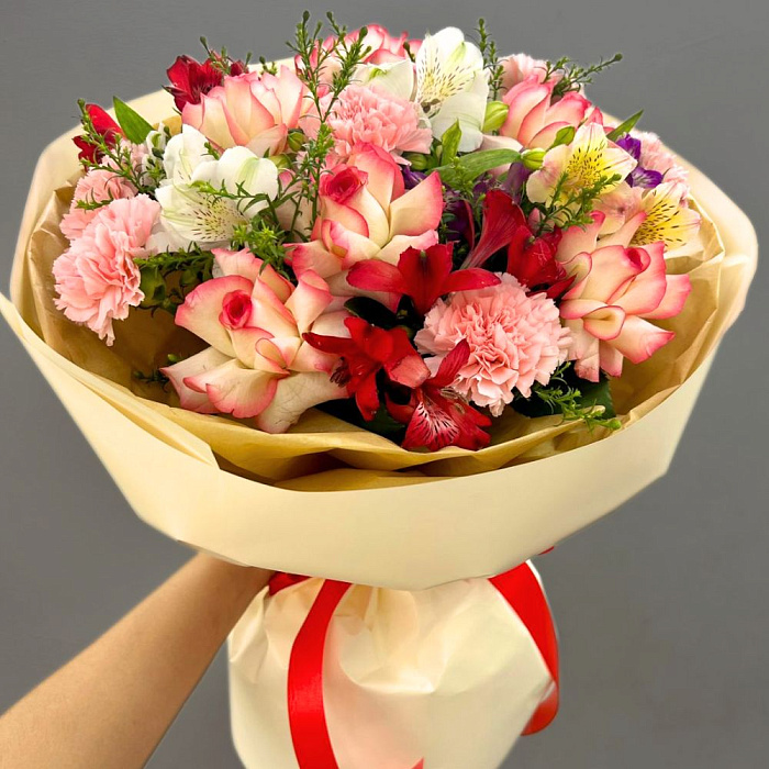 Euro bouquet of carnations, roses, and alstroemeria