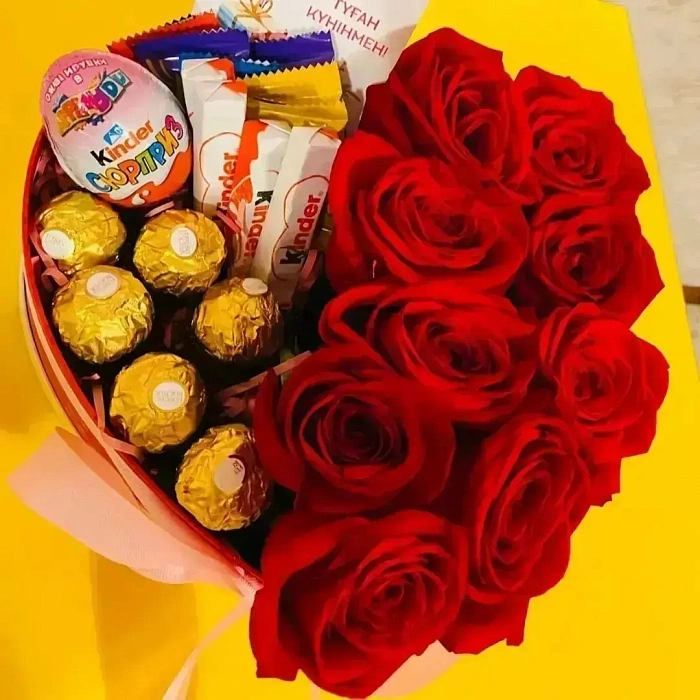 Roses in a box with sweets
