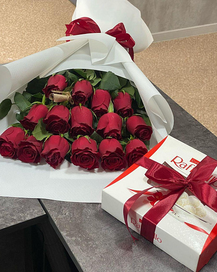 Bouquet of Bouquet of roses + Raffaello flowers delivered to Almaty