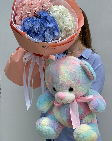 Combo of 3 hydrangeas and a rainbow bear with delivery to Astana