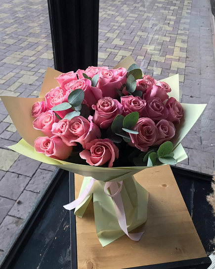 Pink roses 25 pcs Hermosa variety, with eucalyptus with delivery to Almaty