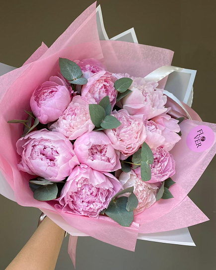 Bouquet of Bouquet of 13 peonies with greenery flowers delivered to Astana