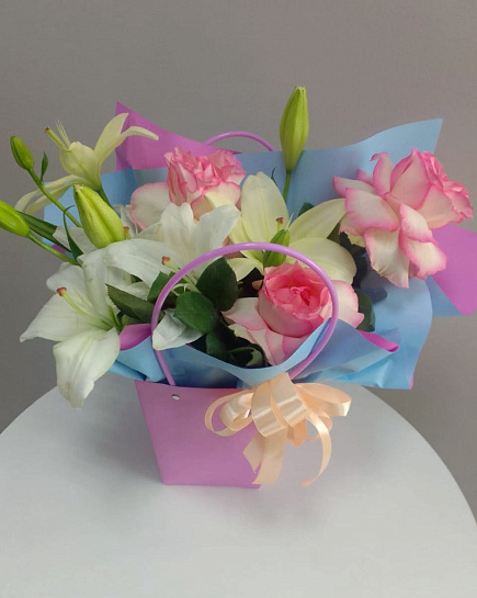 Bouquet of Basket with lily and open rose flowers delivered to Astana