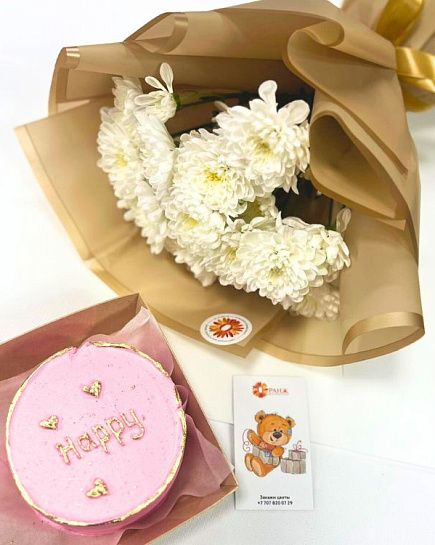 Bouquet of 5 chrysanthemums + Bento cake with delivery to Almaty