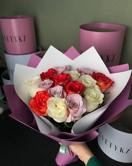 Bouquet of Mono-bouquet of roses Assorted 15 pcs flowers delivered to Astana
