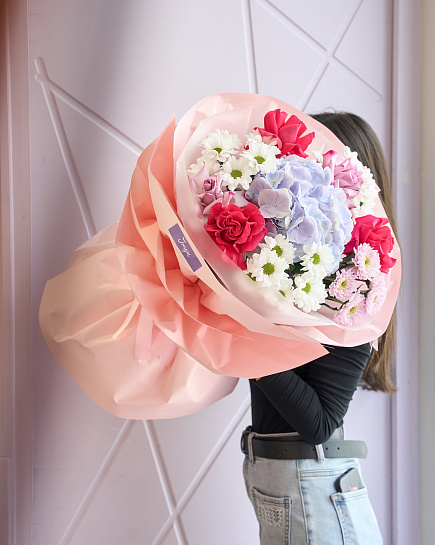 Bouquet of Euro bouquet of hydrangea, rose and chrysanthemum flowers delivered to Shymkent
