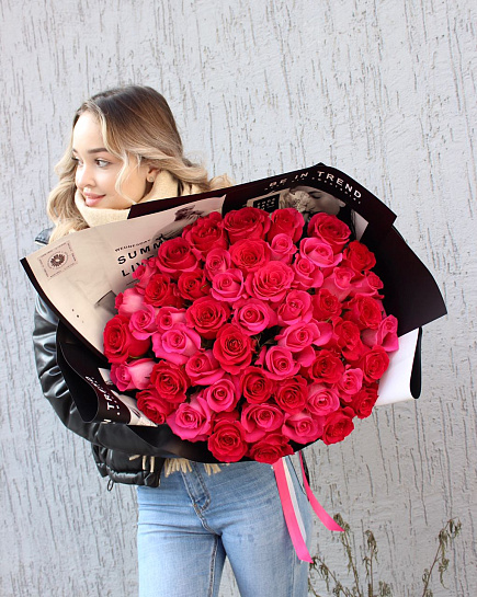 Bouquet of 51 red Dutch roses 50cm flowers delivered to Almaty