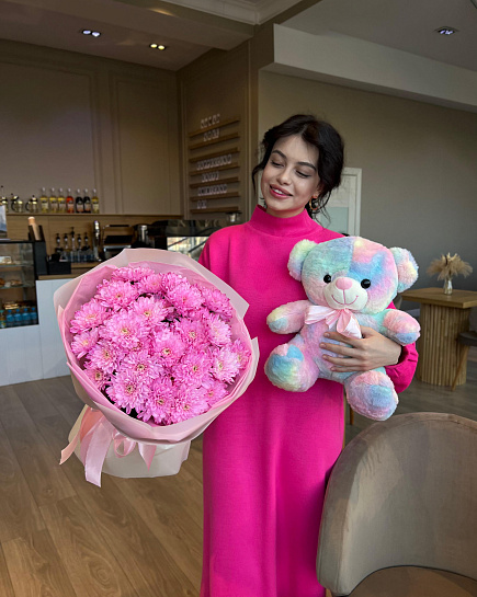Bouquet of Combo of 7 branches of chrysanthemums and a rainbow bear flowers delivered to Astana