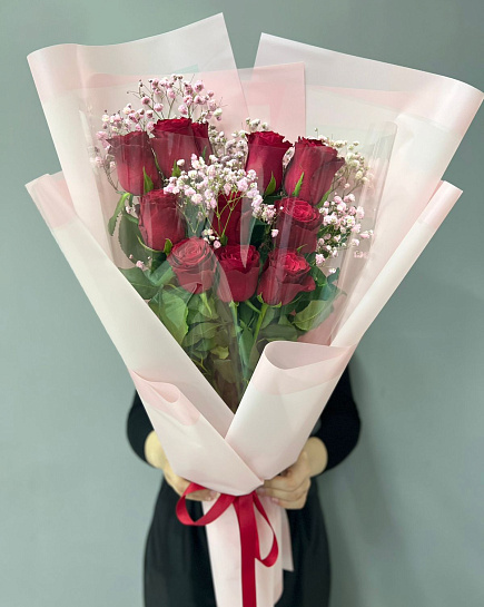 Bouquet of Bouquet of 11 tall roses with gypsophila flowers delivered to Aktau