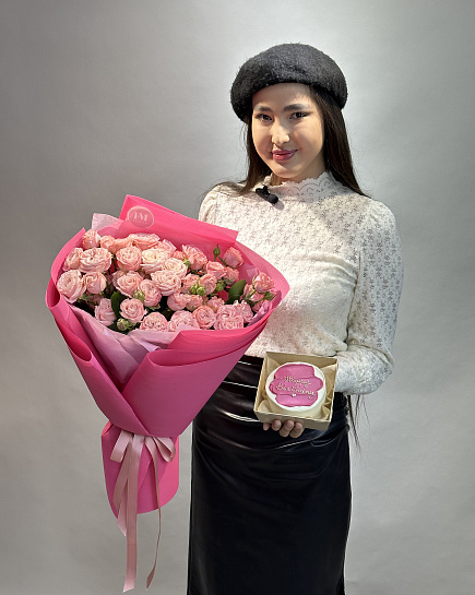 Bouquet of Combo spray roses + bento cake flowers delivered to Astana