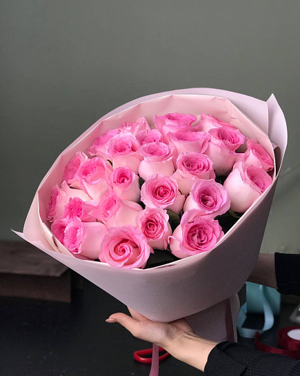 Bouquet of Mono-bouquet of pink Dutch roses 25 pcs flowers delivered to Astana