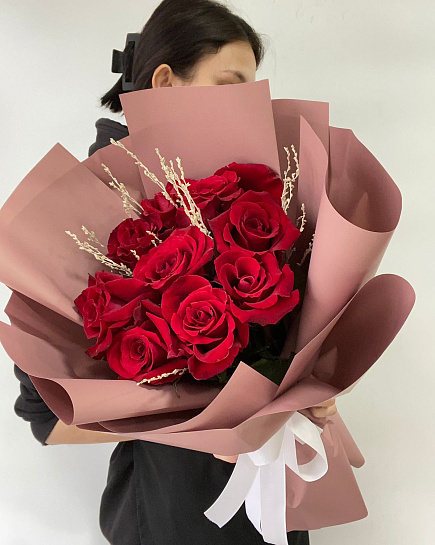 Red roses 9 pieces with decor with delivery to Almaty