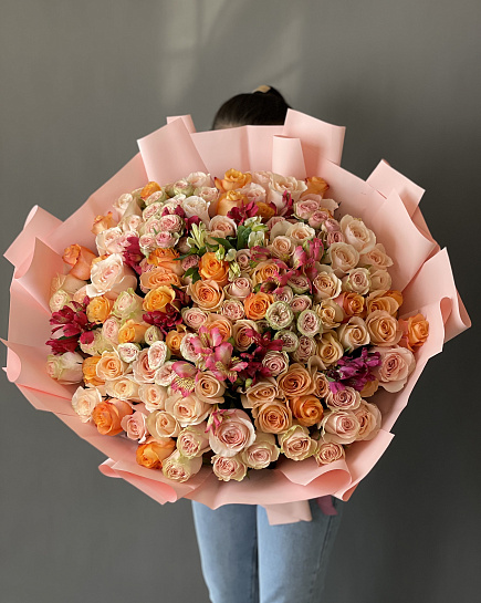 Bouquet of Bouquet of roses 101 pcs and alstroemeria flowers delivered to Almaty