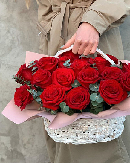 Bouquet of 25 roses in a basket flowers delivered to Astana